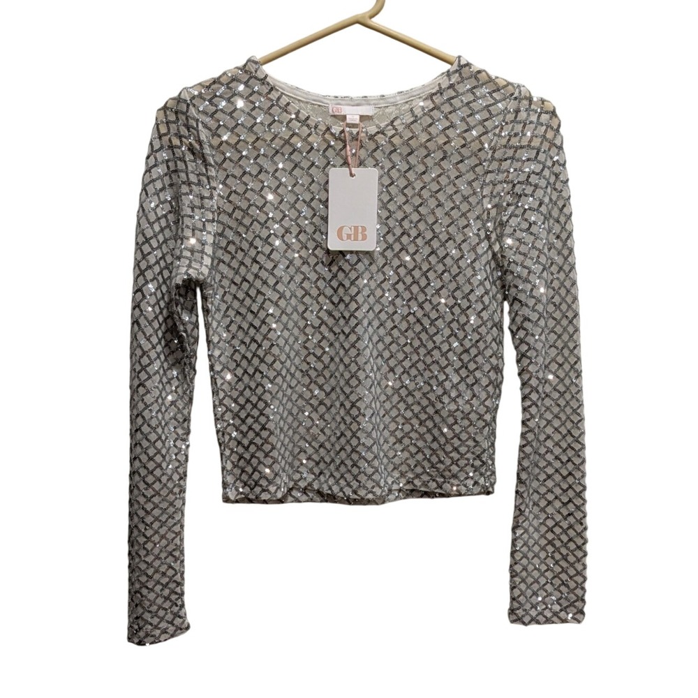 NWT Gianni Bini Womens Small Sequin Top Mesh Long Sleeve Cropped Party Sheer